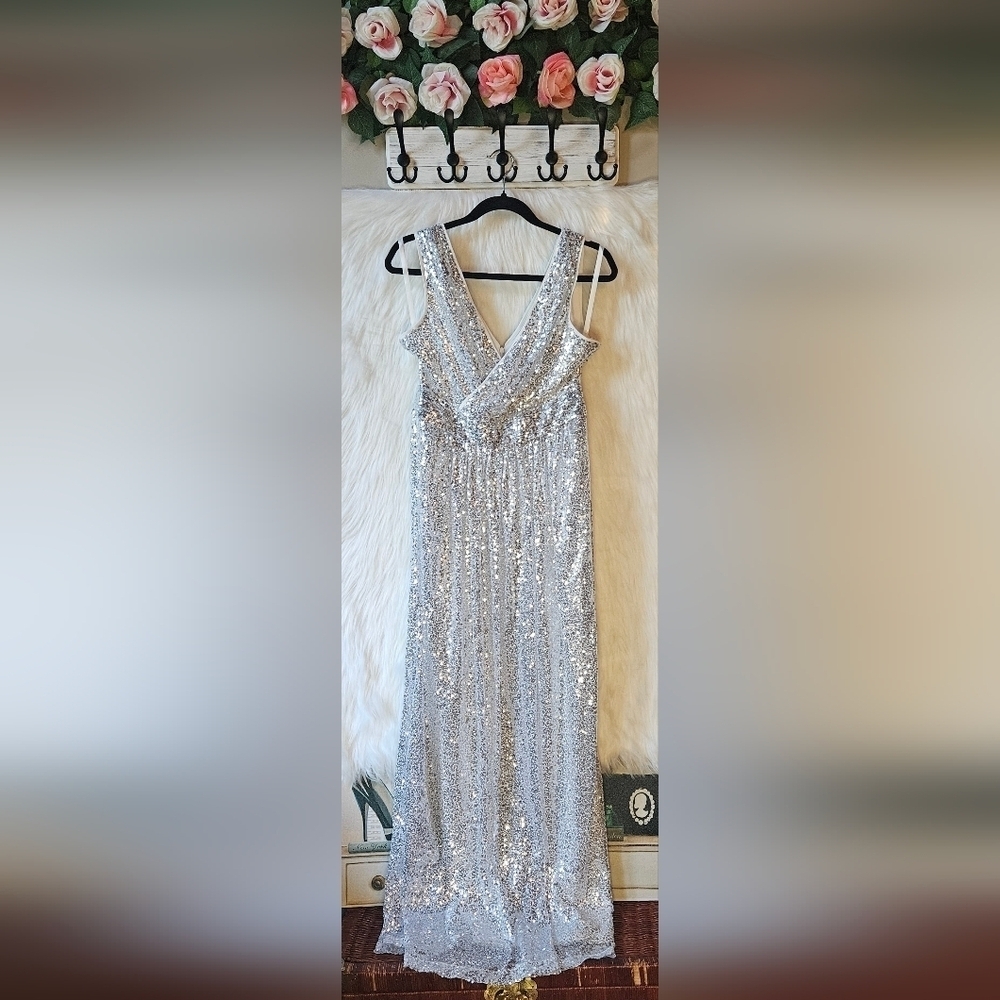 Kate Kasin Silver Empire Sequin Maxi Dress